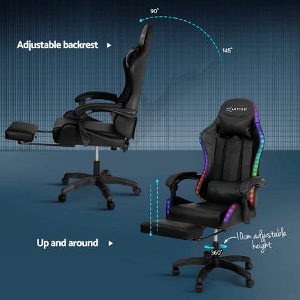 Artiss 6 Point Massage Gaming Office Chair 7 LED Footrest Black.