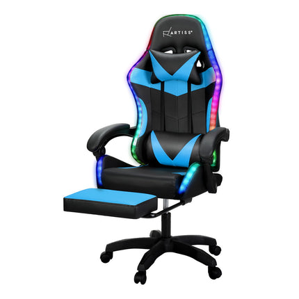 Artiss 6 Point Massage Gaming Office Chair 7 LED Footrest Cyan Blue.
