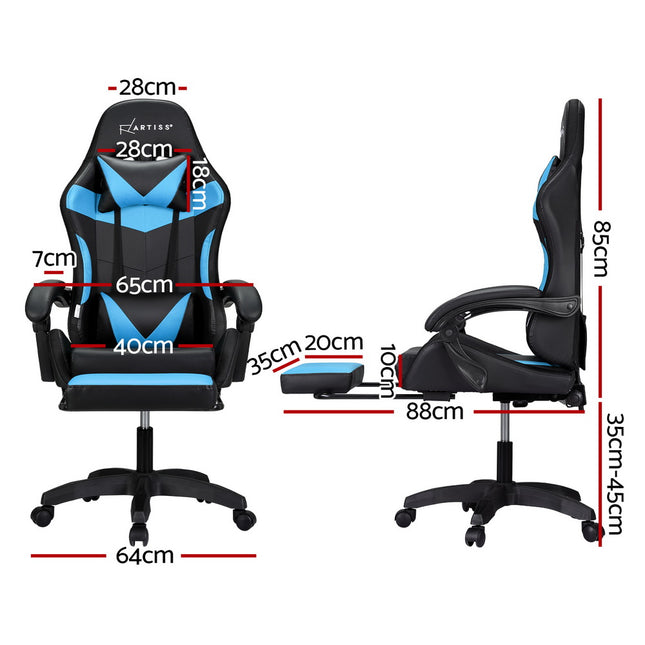 Artiss 6 Point Massage Gaming Office Chair 7 LED Footrest Cyan Blue.