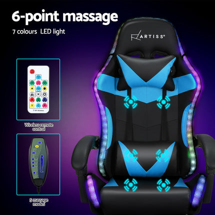Artiss 6 Point Massage Gaming Office Chair 7 LED Footrest Cyan Blue.