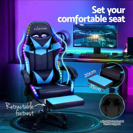 Artiss 6 Point Massage Gaming Office Chair 7 LED Footrest Cyan Blue.