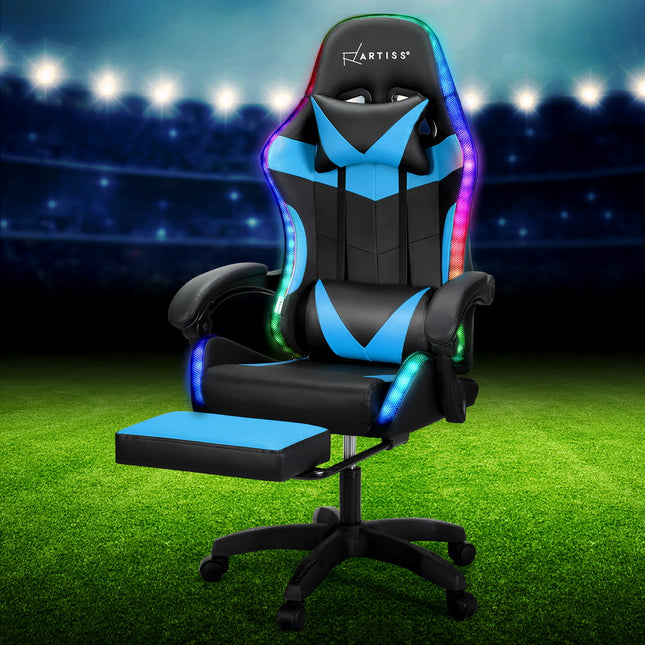 Artiss 6 Point Massage Gaming Office Chair 7 LED Footrest Cyan Blue.