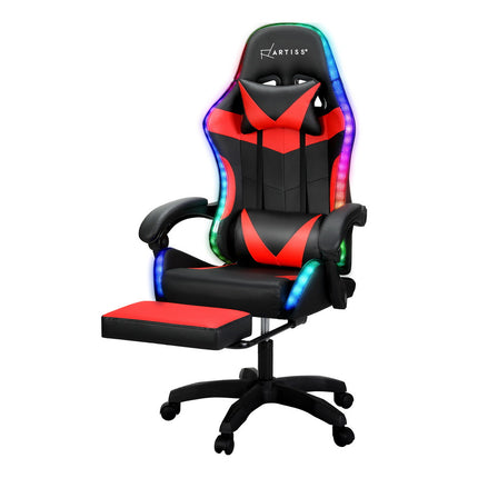 Artiss 6 Point Massage Gaming Office Chair 7 LED Footrest Red.