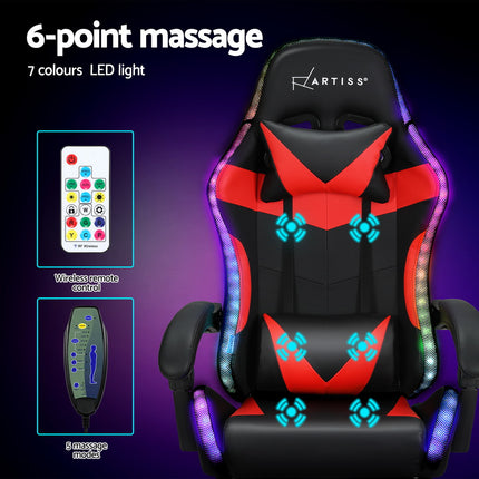 Artiss 6 Point Massage Gaming Office Chair 7 LED Footrest Red.
