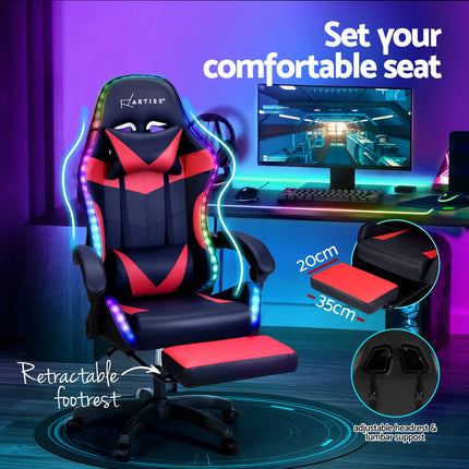 Artiss 6 Point Massage Gaming Office Chair 7 LED Footrest Red.