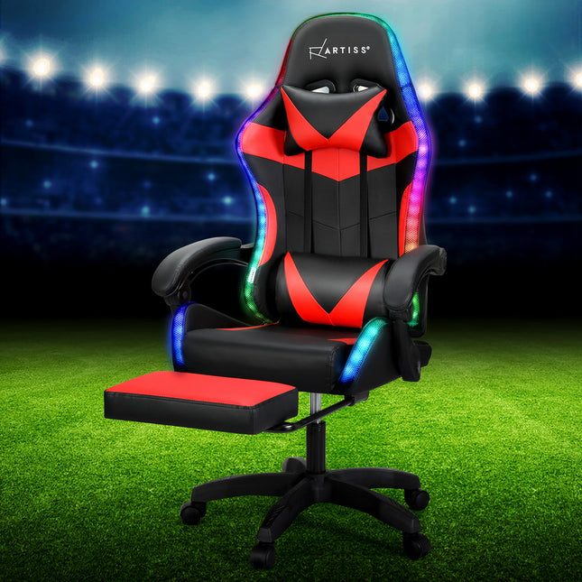 Artiss 6 Point Massage Gaming Office Chair 7 LED Footrest Red.