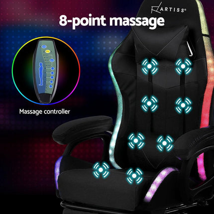Artiss Gaming Office Chair 12 RGB LED Massage Computer Work Seat Footrest Black.