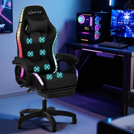 Artiss Gaming Office Chair 12 RGB LED Massage Computer Work Seat Footrest Black.