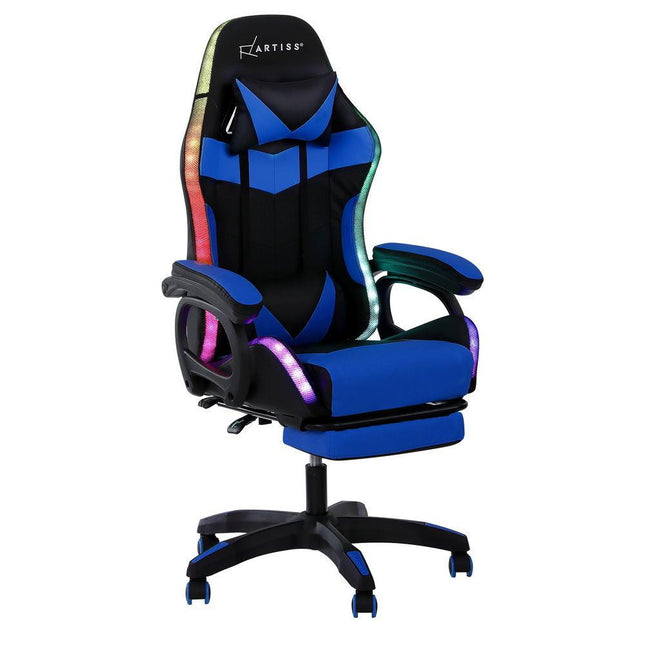 Artiss Gaming Office Chair 12 RGB LED Massage Computer Work Seat Footrest Blue.