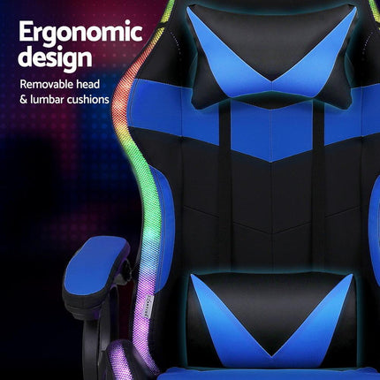 Artiss Gaming Office Chair 12 RGB LED Massage Computer Work Seat Footrest Blue.