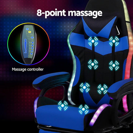 Artiss Gaming Office Chair 12 RGB LED Massage Computer Work Seat Footrest Blue.
