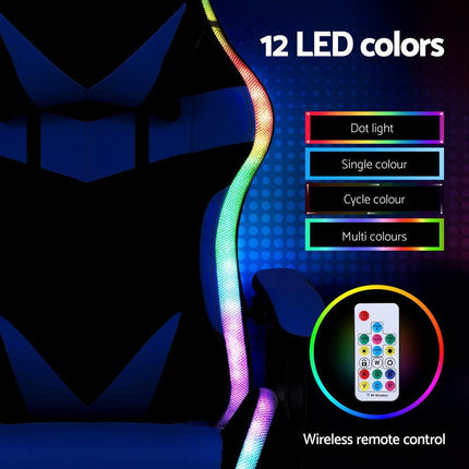 Artiss Gaming Office Chair 12 RGB LED Massage Computer Work Seat Footrest Blue.
