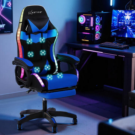 Artiss Gaming Office Chair 12 RGB LED Massage Computer Work Seat Footrest Blue.
