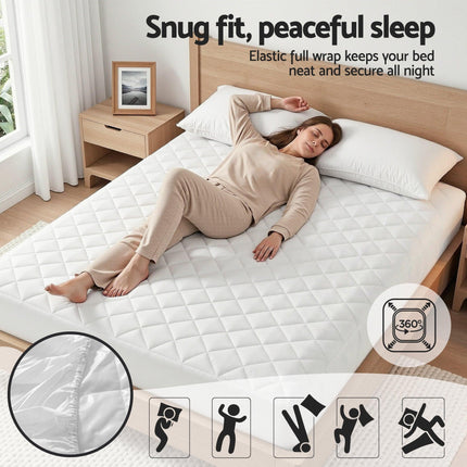 Giselle Waterproof Mattress Protector 100% Cotton Quilted Fitted Cover Double.