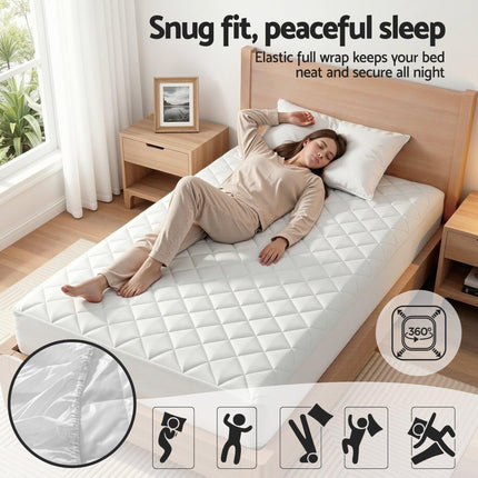 Giselle Waterproof Mattress Protector 100% Cotton Quilted Fitted Cover King Single.