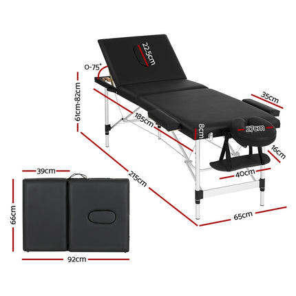 Zenses Massage Table 65cm Portable 3 Fold Aluminium Beauty Bed Black.