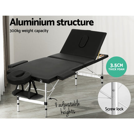 Zenses Massage Table 65cm Portable 3 Fold Aluminium Beauty Bed Black.