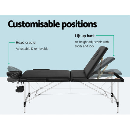 Zenses Massage Table 65cm Portable 3 Fold Aluminium Beauty Bed Black.