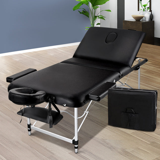 Zenses Massage Table 70cm Portable 3 Fold Aluminium Beauty Bed Black.