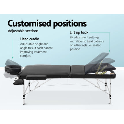 Zenses Massage Table 80cm Portable 3 Fold Aluminium Beauty Bed Black.
