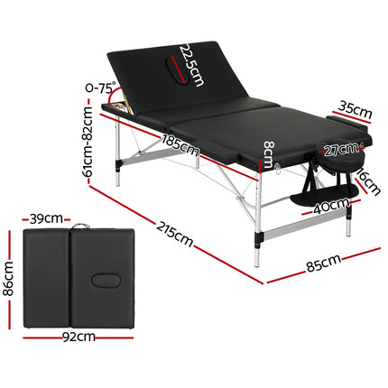 Zenses Massage Table 85cm Portable 3 Fold Aluminium Beauty Bed Black.