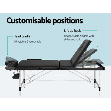 Zenses Massage Table 85cm Portable 3 Fold Aluminium Beauty Bed Black.