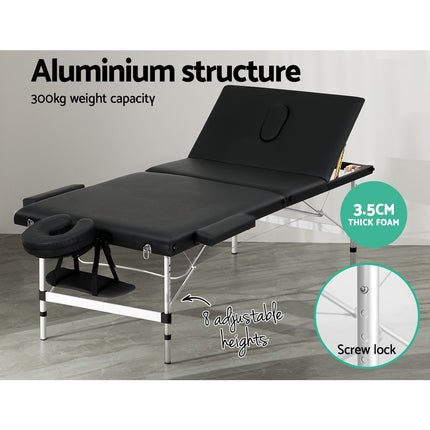 Zenses Massage Table 85cm Portable 3 Fold Aluminium Beauty Bed Black.
