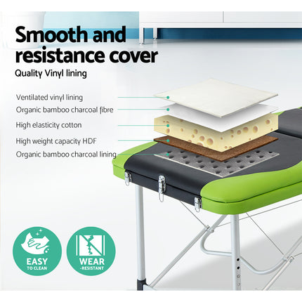Zenses Massage Table 75cm Portable 3 Fold Aluminium Beauty Bed Green.