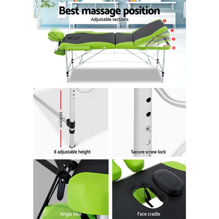 Zenses Massage Table 75cm Portable 3 Fold Aluminium Beauty Bed Green.