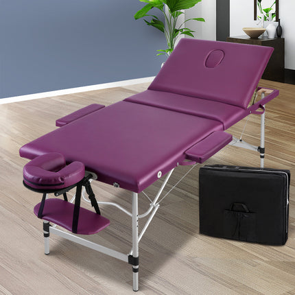 Zenses Massage Table 75cm Portable 3 Fold Aluminium Beauty Bed Violet.