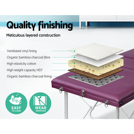 Zenses Massage Table 75cm Portable 3 Fold Aluminium Beauty Bed Violet.