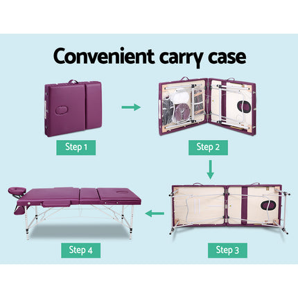 Zenses Massage Table 75cm Portable 3 Fold Aluminium Beauty Bed Violet.