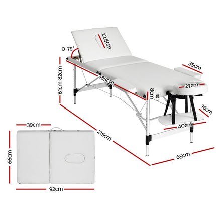 Zenses Massage Table 65cm Portable 3 Fold Aluminium Beauty Bed White.