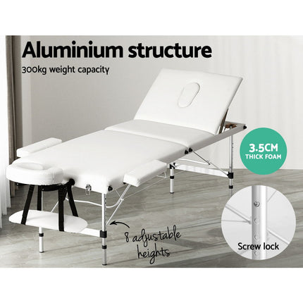Zenses Massage Table 65cm Portable 3 Fold Aluminium Beauty Bed White.