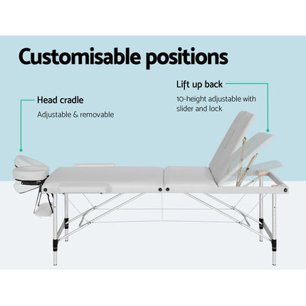 Zenses Massage Table 65cm Portable 3 Fold Aluminium Beauty Bed White.