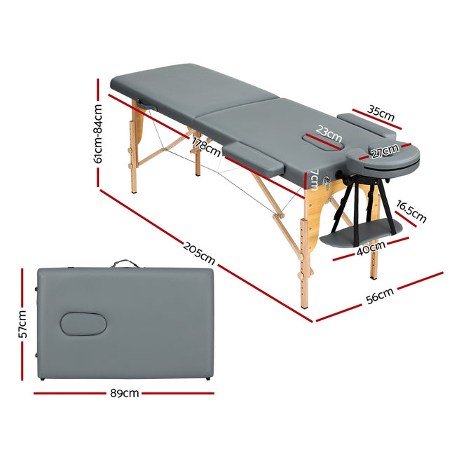 Zenses Massage Table 56cm Portable 2 Fold Wooden Beauty Bed Grey.