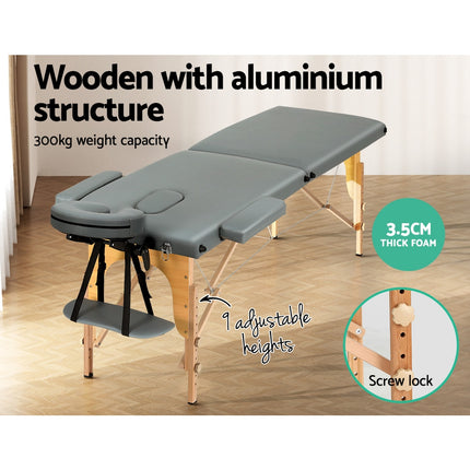 Zenses Massage Table 56cm Portable 2 Fold Wooden Beauty Bed Grey.