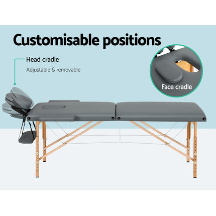 Zenses Massage Table 56cm Portable 2 Fold Wooden Beauty Bed Grey.