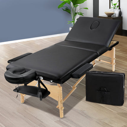 Zenses Massage Table 70cm Portable 3 Fold Wooden Beauty Bed Black.