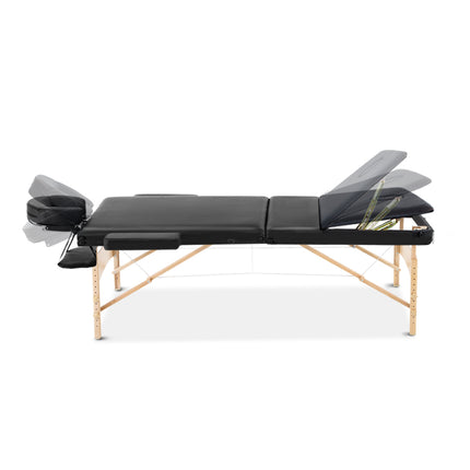 Zenses Massage Table 70cm Portable 3 Fold Wooden Beauty Bed Black.