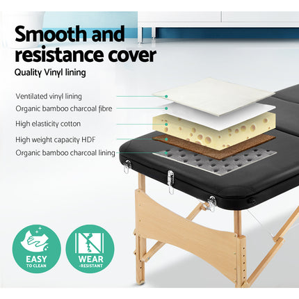 Zenses Massage Table 70cm Portable 3 Fold Wooden Beauty Bed Black.