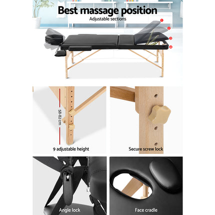 Zenses Massage Table 70cm Portable 3 Fold Wooden Beauty Bed Black.