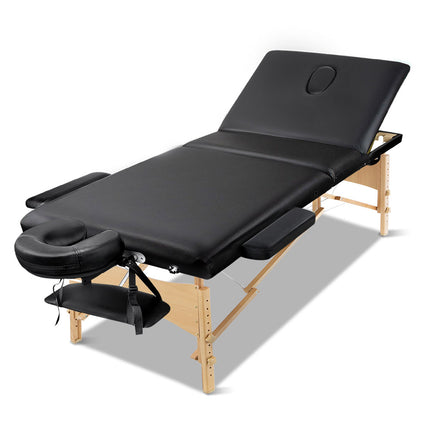 Zenses Massage Table 70cm Portable 3 Fold Wooden Beauty Bed Black.