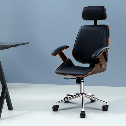 Artiss Wooden Office Chair Leather Seat Black.