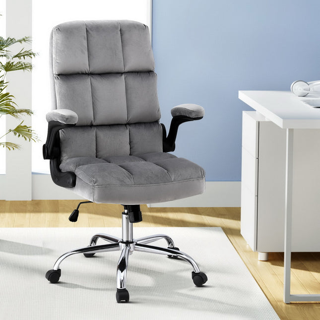 Artiss Office Chair Velvet Seat Racing Gaming Computer Desk Chairs Armrest Grey.