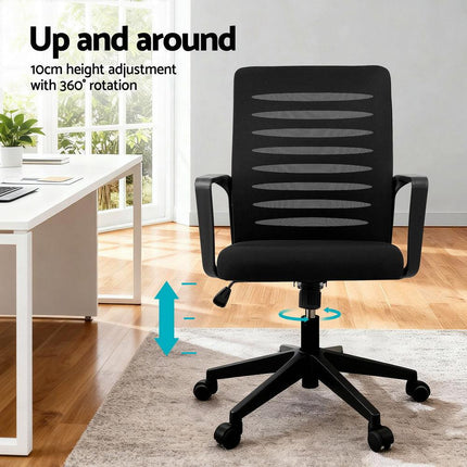 Artiss Ergonomic Office Chair Mesh Computer Desk Chairs with Lumbar Support, Height Adjustment Swivel Chair Mid Back for Home Office Study, Black.