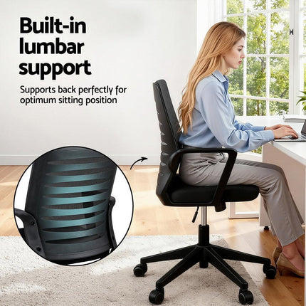 Artiss Ergonomic Office Chair Mesh Computer Desk Chairs with Lumbar Support, Height Adjustment Swivel Chair Mid Back for Home Office Study, Black.