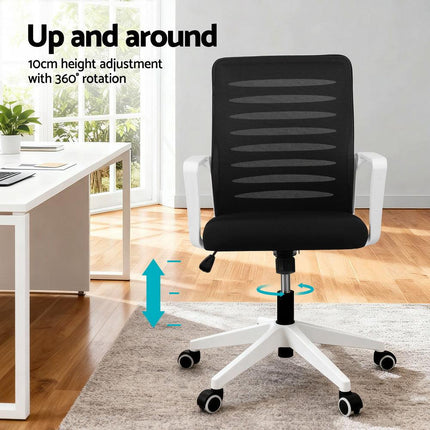 Artiss Ergonomic Office Chair Mesh Computer Desk Chairs with Lumbar Support, Height Adjustment Swivel Chair Mid Back for Home Office Study, Black and White.