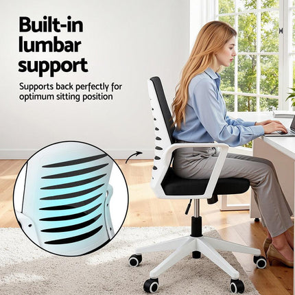 Artiss Ergonomic Office Chair Mesh Computer Desk Chairs with Lumbar Support, Height Adjustment Swivel Chair Mid Back for Home Office Study, Black and White.
