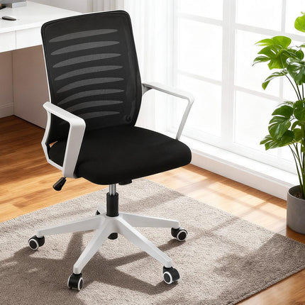 Artiss Ergonomic Office Chair Mesh Computer Desk Chairs with Lumbar Support, Height Adjustment Swivel Chair Mid Back for Home Office Study, Black and White.